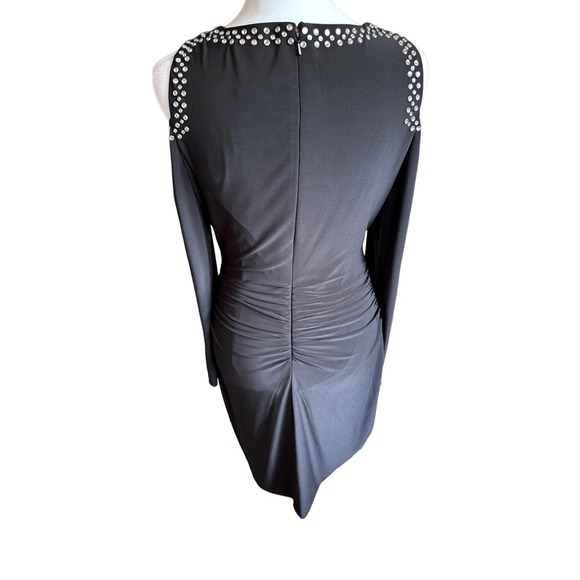 Cache‎ Black Rhinestone Cold Shoulder Ruched Long Sleeve Cocktail Dress - Picture 2 of 11